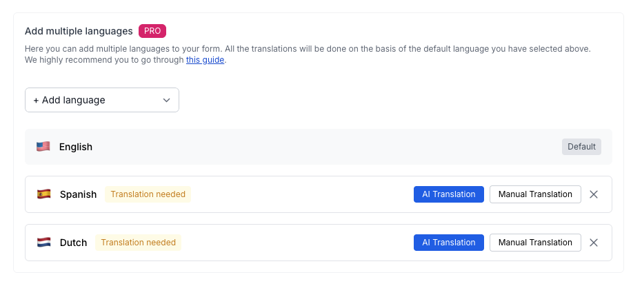 List of languages screenshot